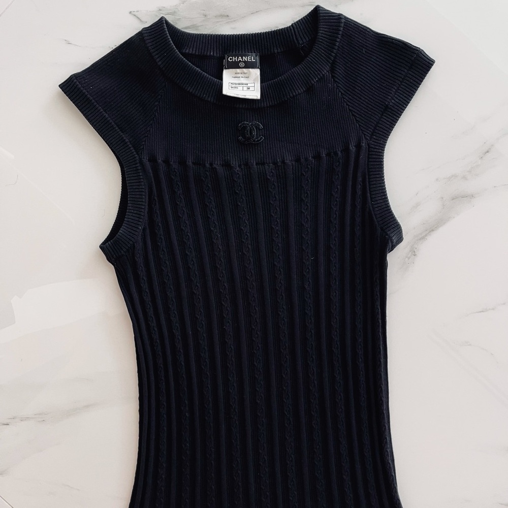 CHANEL black knitted top logo sweater ribbed size 38EU Small